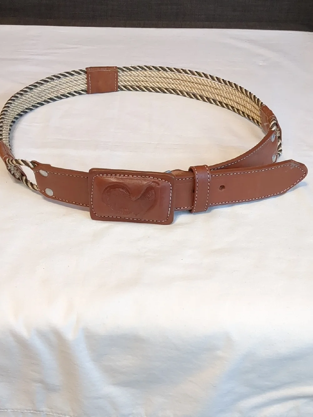 Western Brown Leather -Tan braided Woven Rope Cord Stitched Rodeo Cowboy Belt
